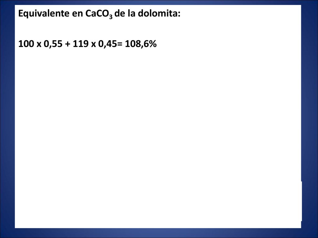 Equivalente en CaCO3 de la dolomita: 100 x 0, x 0,45= 108,6% 108,6 kg caliza kg dolomita kg caliza x = kg dolomita EQ (%) = P x Sumatoria (% de c/tamaño x eficiencia relativa) EQ (%) = (0,85 x ((0,30x 0,55)+(0,30x0,80)+(0,40x1))) x 100 = 68,4 68, x= kg de dolomita