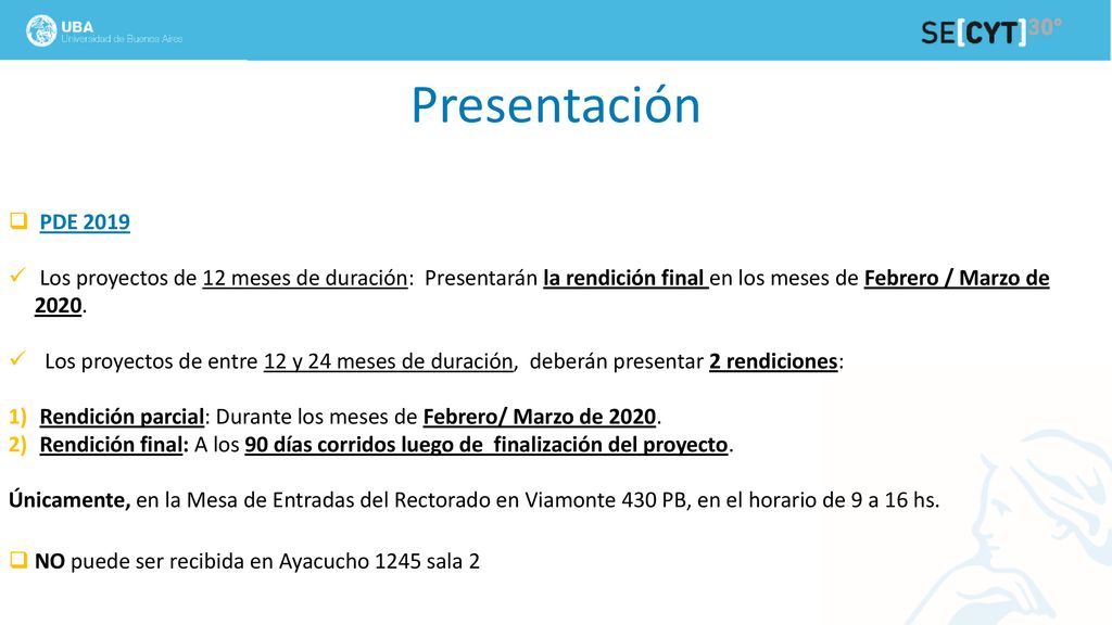 Presentación PDE Los proyectos de 12 meses de duración: Presentarán la rendición final en los meses de Febrero / Marzo de