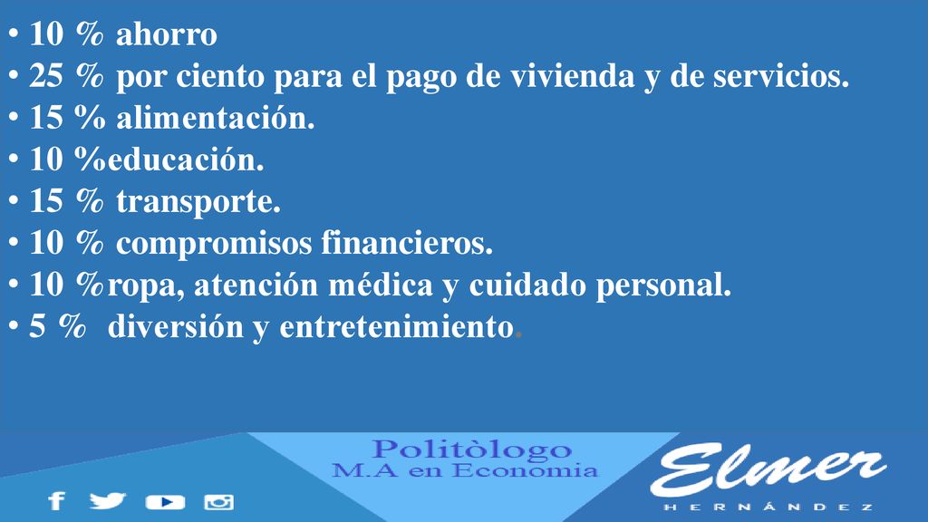 10 % ahorro 25 % por ciento para el pago de vivienda y de servicios. 15 % alimentación. 10 %educación.