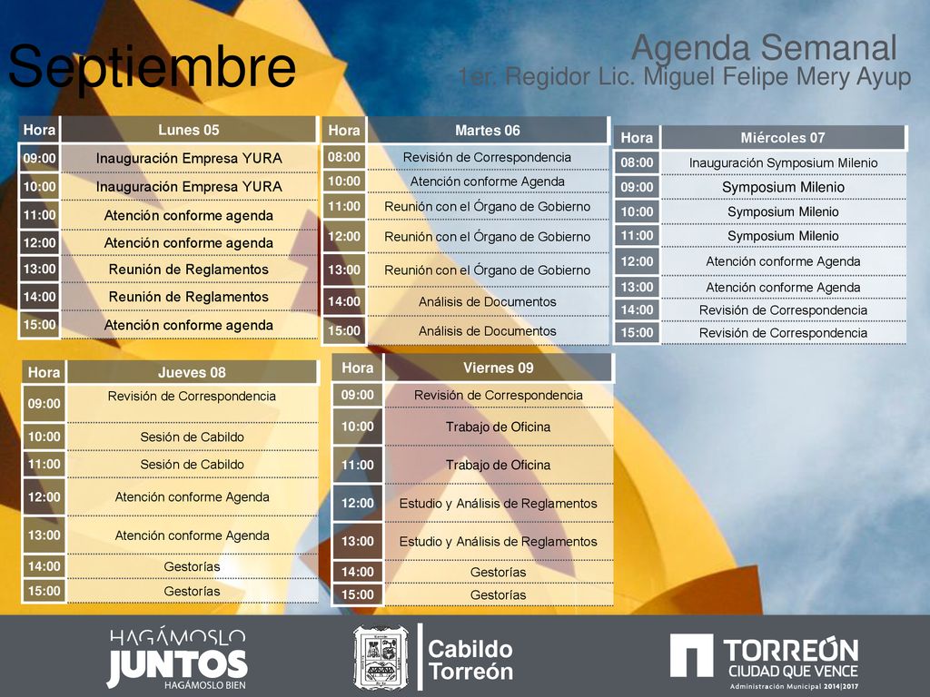 Septiembre Agenda Semanal 1er. Regidor Lic. Miguel Felipe Mery Ayup