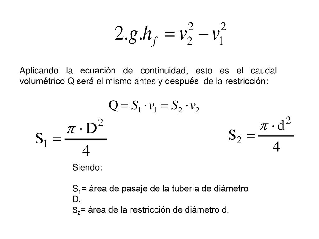 S1= área de pasaje de la tubería de diámetro D.