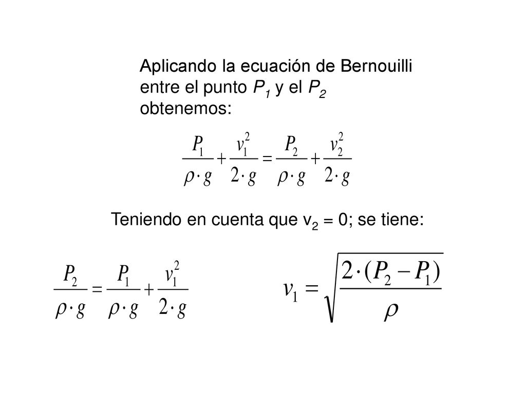 Aplicando la ecuación de Bernouilli entre el punto P1 y el P2 obtenemos: