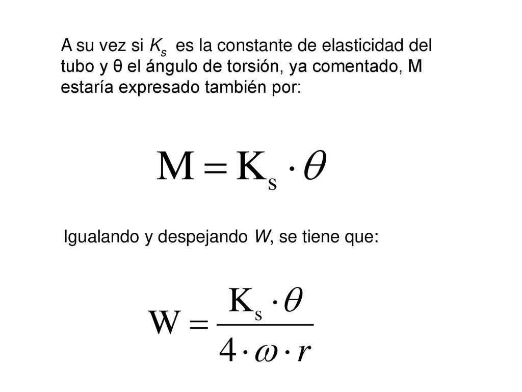 A su vez si Ks es la constante de elasticidad del tubo y θ el ángulo de torsión, ya comentado, M estaría expresado también por: