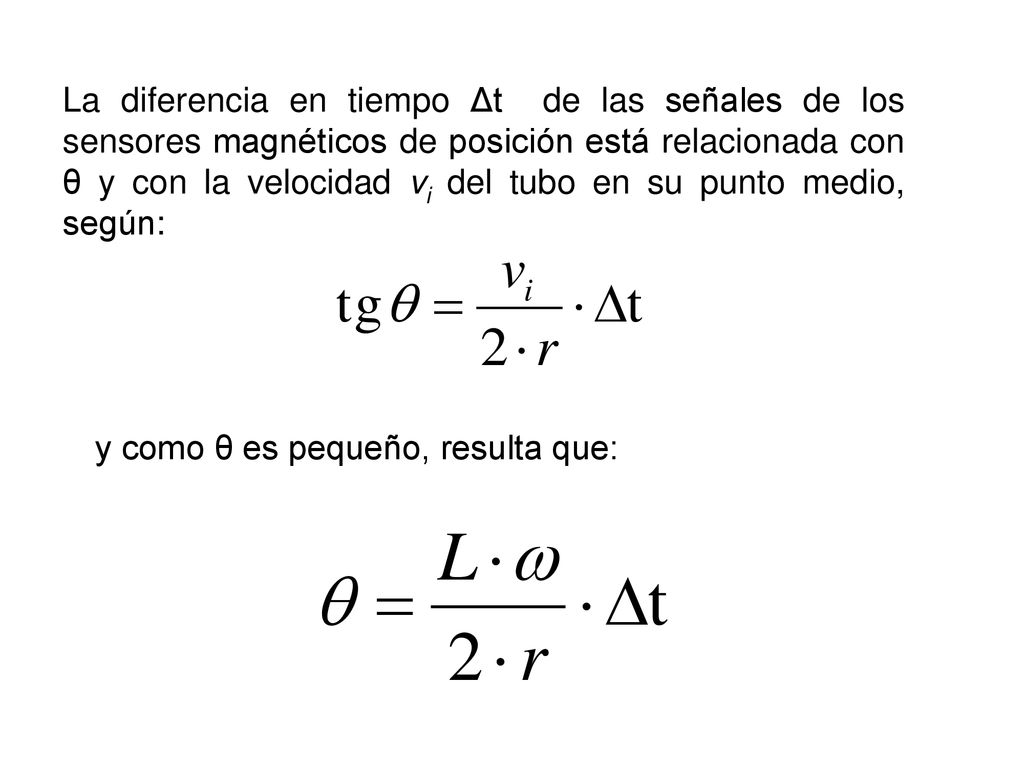 La diferencia en tiempo Δt de las señales de los sensores magnéticos de posición está relacionada con θ y con la velocidad vi del tubo en su punto medio, según: