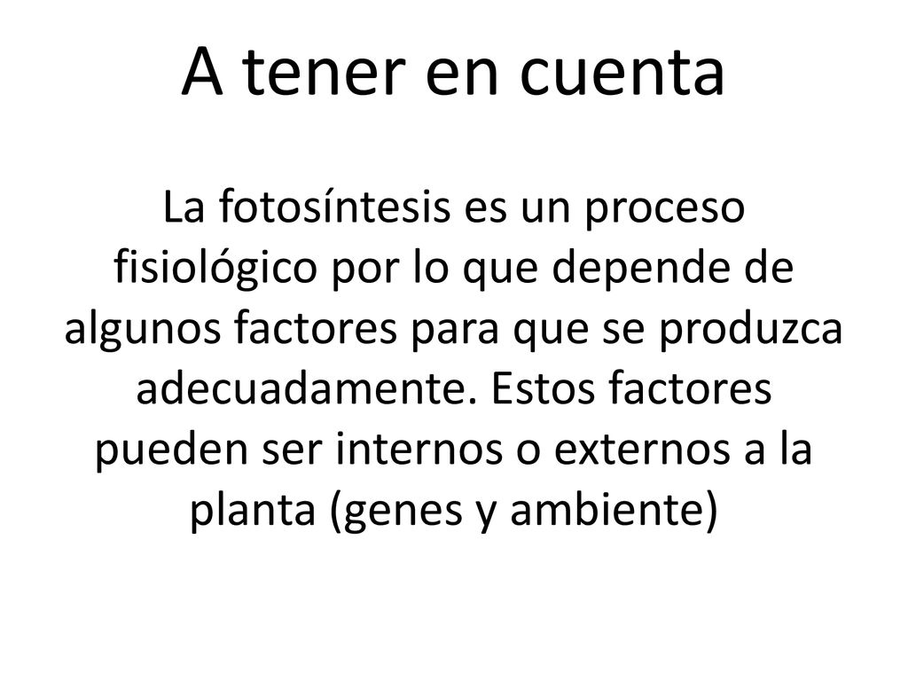 A tener en cuenta La fotosíntesis es un proceso fisiológico por lo que depende de algunos factores para que se produzca adecuadamente.