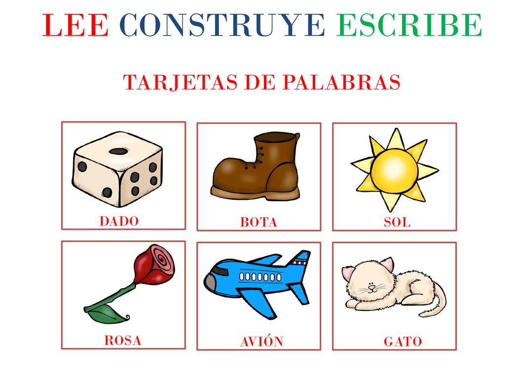 LEE CONSTRUYE ESCRIBE TARJETAS DE PALABRAS DADO BOTA SOL ROSA AVIÓN