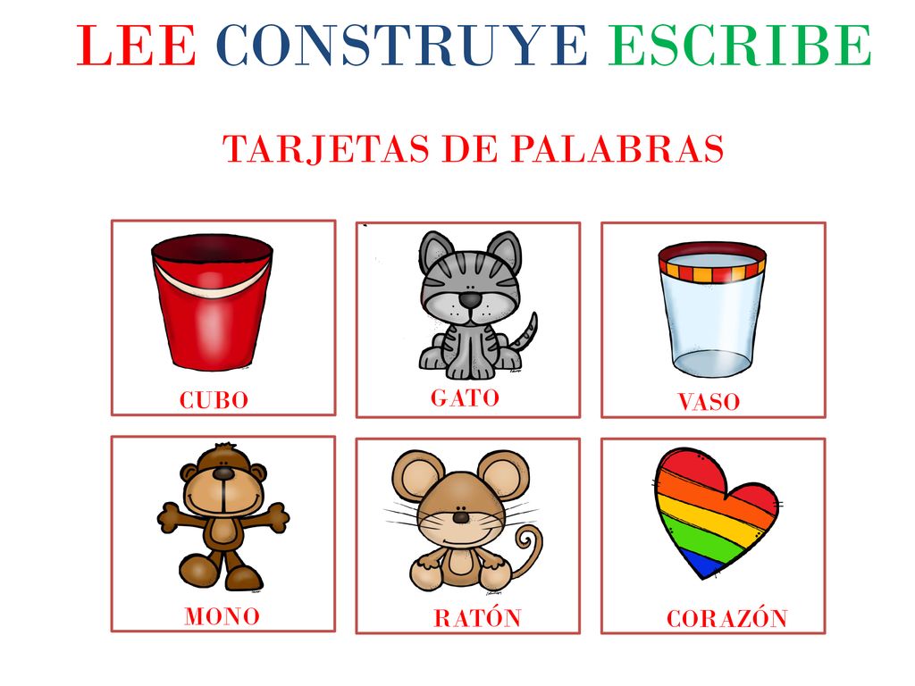 LEE CONSTRUYE ESCRIBE TARJETAS DE PALABRAS CUBO GATO VASO MONO RATÓN
