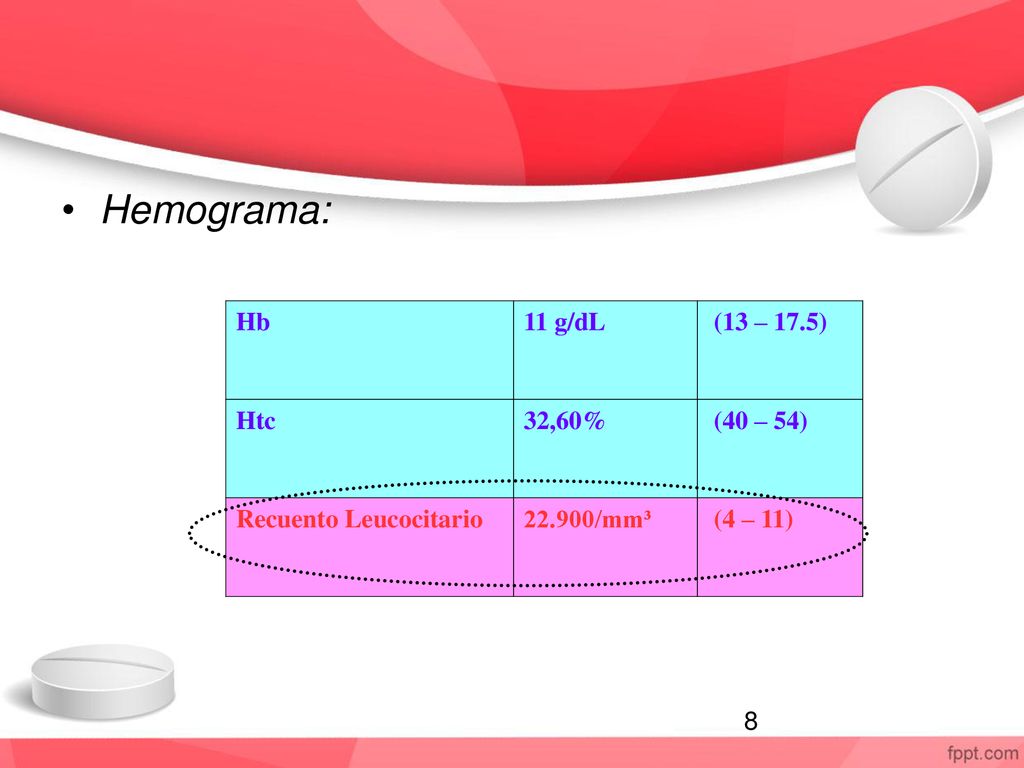 Hemograma: Hb 11 g/dL (13 – 17.5) Htc 32,60% (40 – 54)