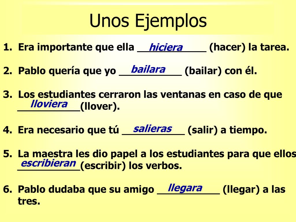 Unos Ejemplos 1. Era importante que ella ___________ (hacer) la tarea.
