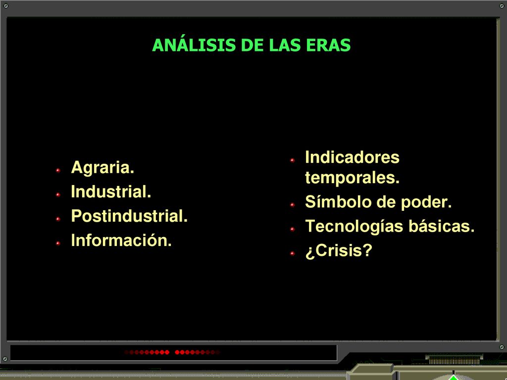 ANÁLISIS DE LAS ERAS Agraria. Industrial. Postindustrial. Información. Indicadores temporales. Símbolo de poder.