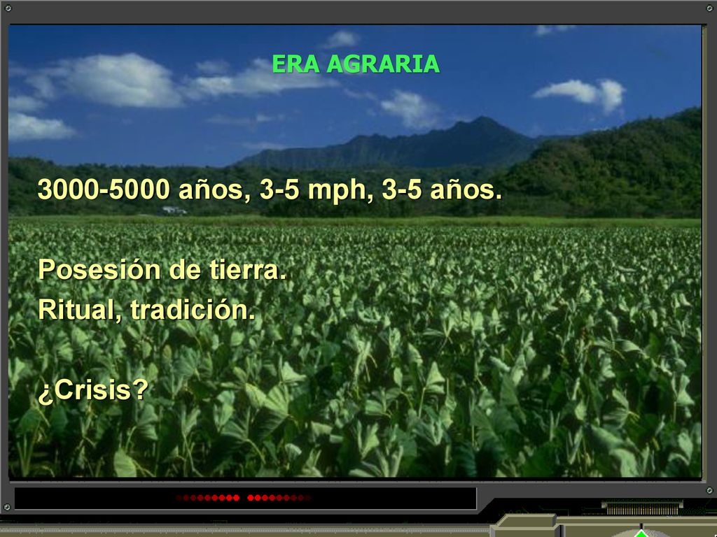ERA AGRARIA años, 3-5 mph, 3-5 años. Posesión de tierra. Ritual, tradición. ¿Crisis