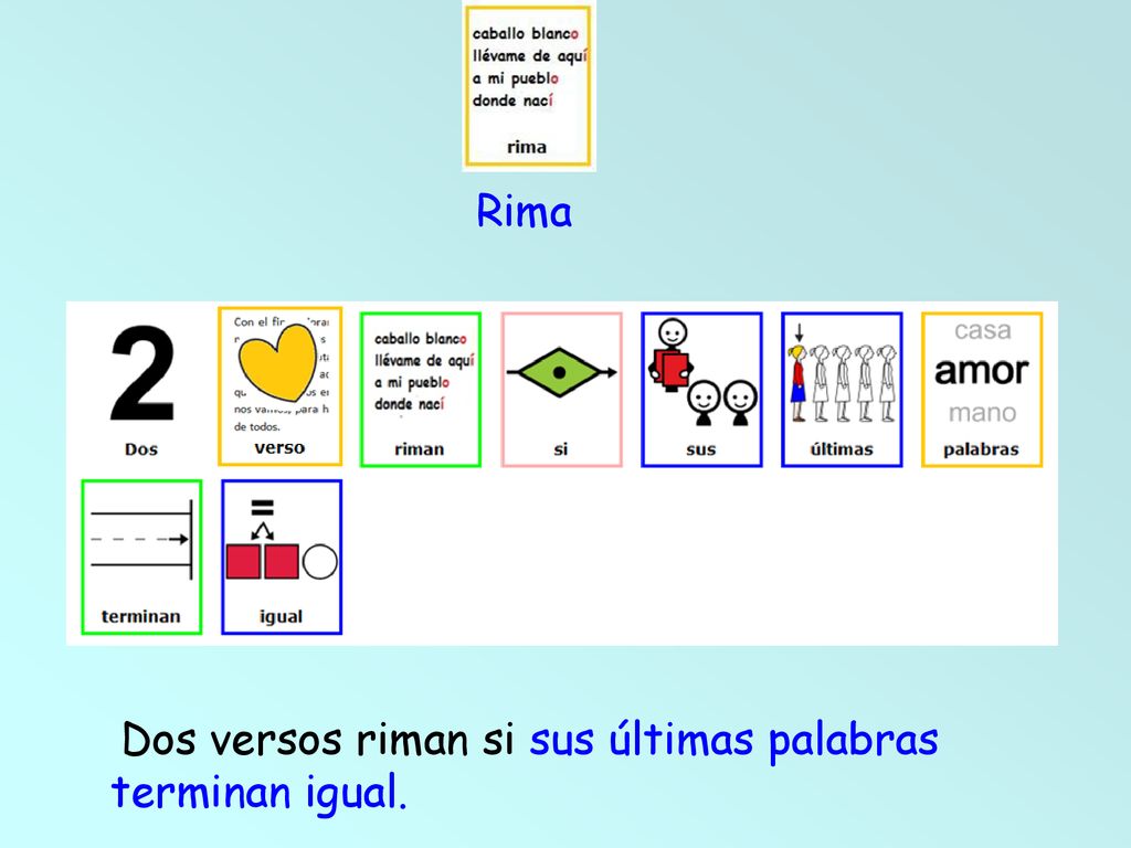 Rima Dos versos riman si sus últimas palabras terminan igual.
