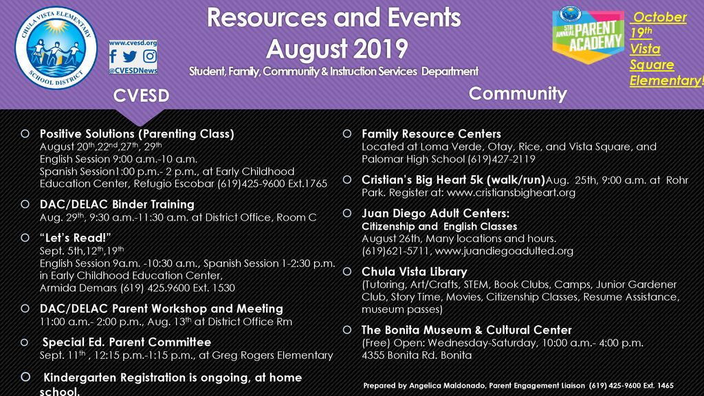 Resources and Events August 2019 Student, Family, Community & Instruction Services Department