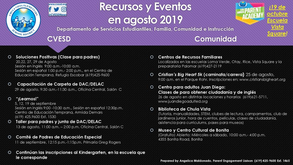 Recursos y Eventos en agosto 2019 Departamento de Servicios Estudiantiles, Familia, Comunidad e Instrucción