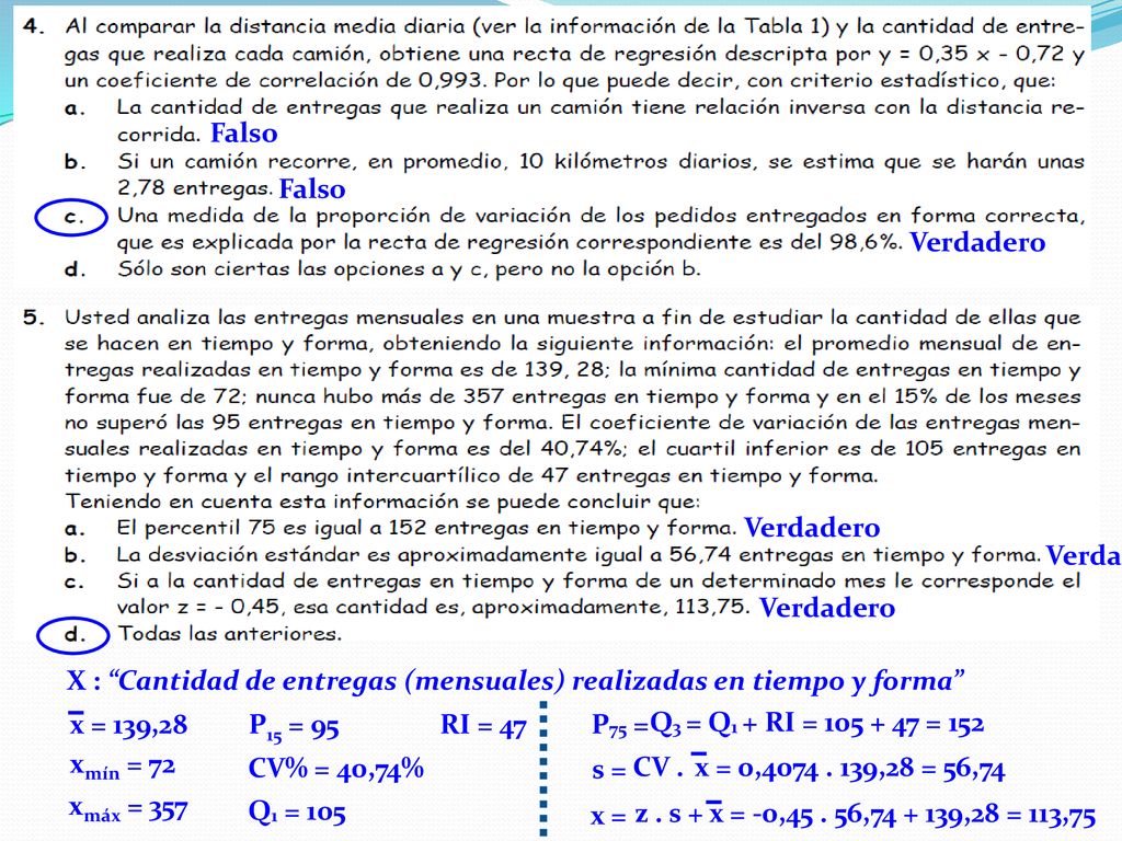 Falso Falso. Verdadero. Verdadero. Verdadero. Verdadero. X : Cantidad de entregas (mensuales) realizadas en tiempo y forma