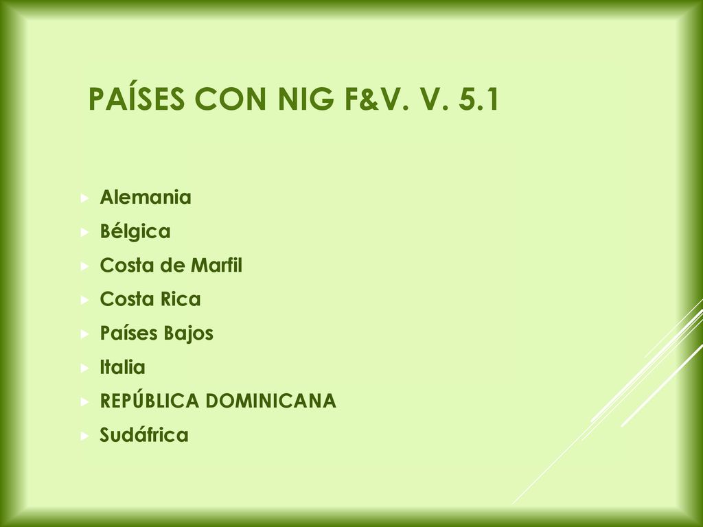 Países con NIG F&V. v. 5.1 Alemania Bélgica Costa de Marfil Costa Rica
