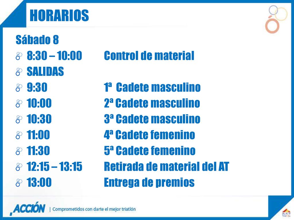 HORARIOS Sábado 8 8:30 – 10:00 Control de material SALIDAS