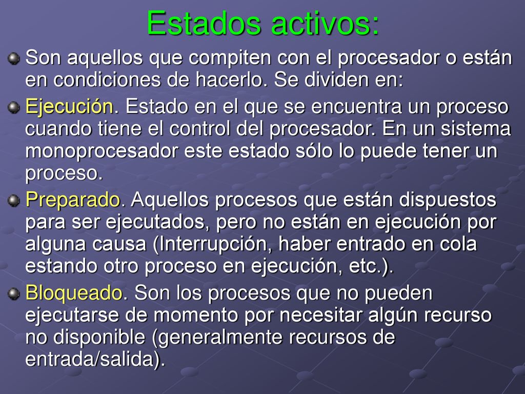 Estados activos: Son aquellos que compiten con el procesador o están en condiciones de hacerlo. Se dividen en: