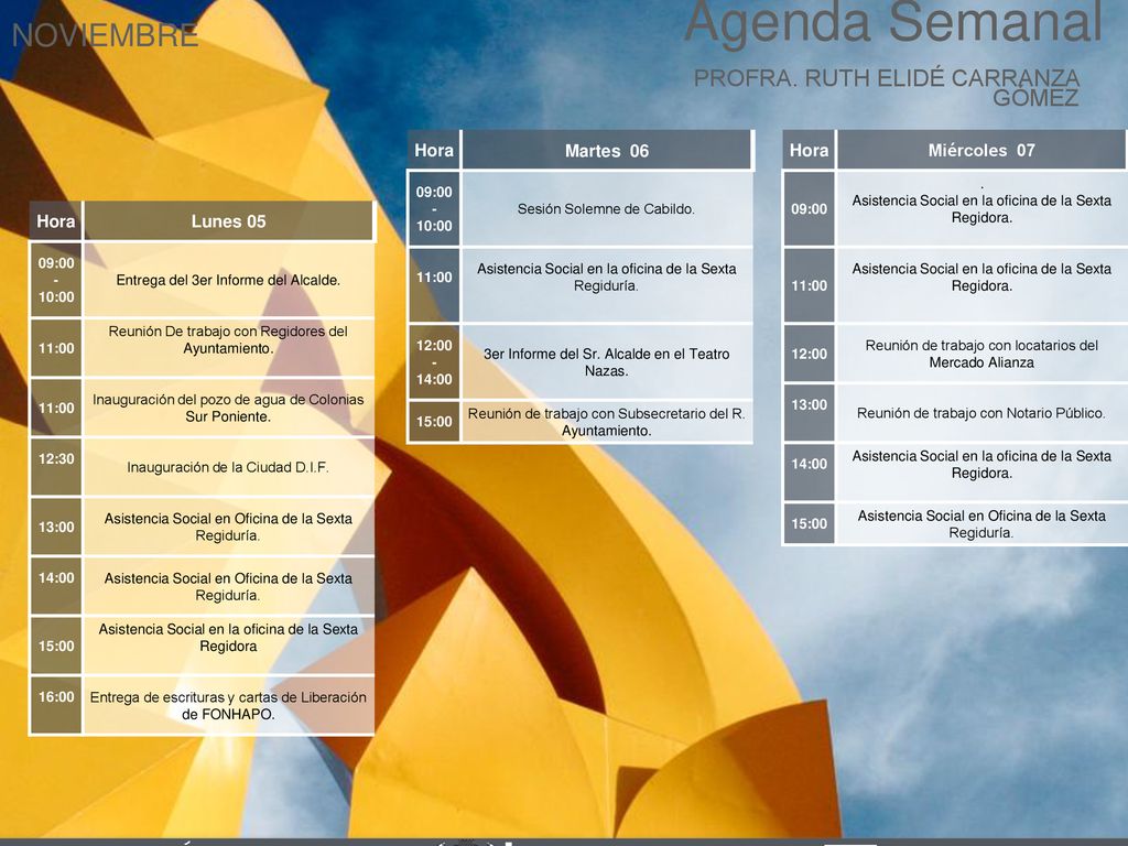 Agenda Semanal NOVIEMBRE Cabildo Torreón PROFRA. RUTH ELIDÉ CARRANZA