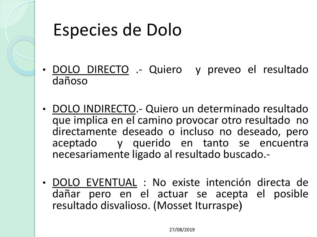 Especies de Dolo DOLO DIRECTO .- Quiero y preveo el resultado dañoso