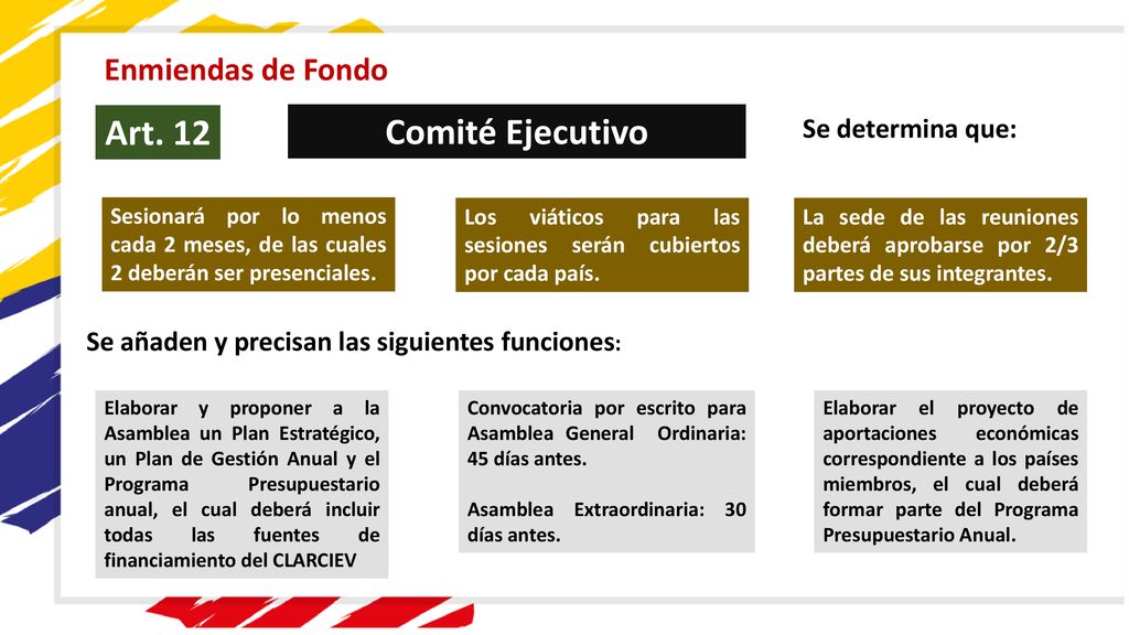 Art. 12 Comité Ejecutivo Enmiendas de Fondo Se determina que: