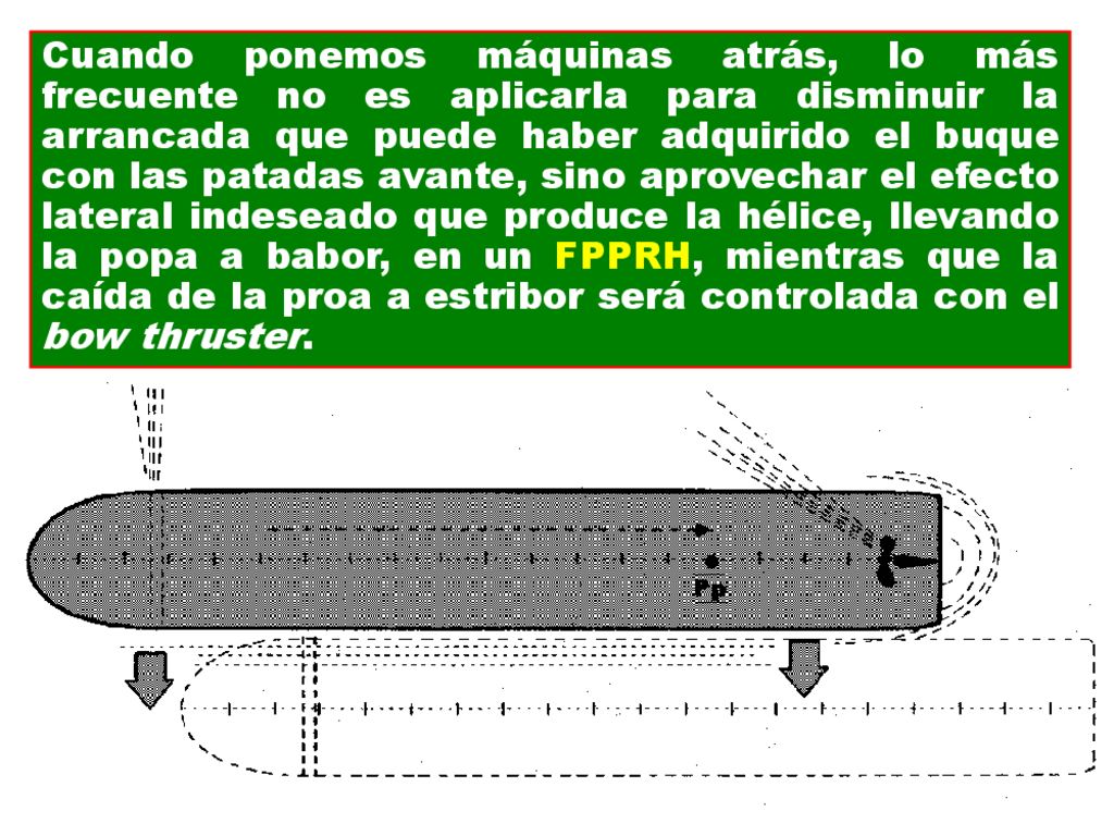 Cuando ponemos máquinas atrás, lo más frecuente no es aplicarla para disminuir la arrancada que puede haber adquirido el buque con las patadas avante, sino aprovechar el efecto lateral indeseado que produce la hélice, llevando la popa a babor, en un FPPRH, mientras que la caída de la proa a estribor será controlada con el bow thruster.