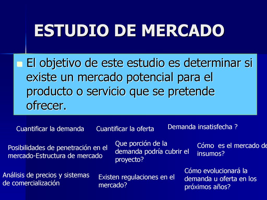 ESTUDIO DE MERCADO El objetivo de este estudio es determinar si existe un mercado potencial para el producto o servicio que se pretende ofrecer.