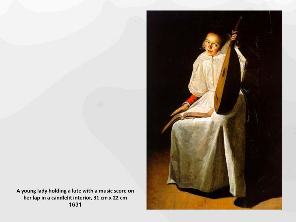 A young lady holding a lute with a music score on her lap in a candlelit interior, 31 cm x 22 cm