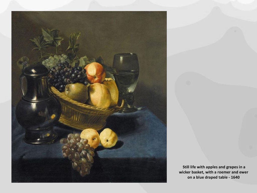 Still life with apples and grapes in a wicker basket, with a roemer and ewer on a blue draped table