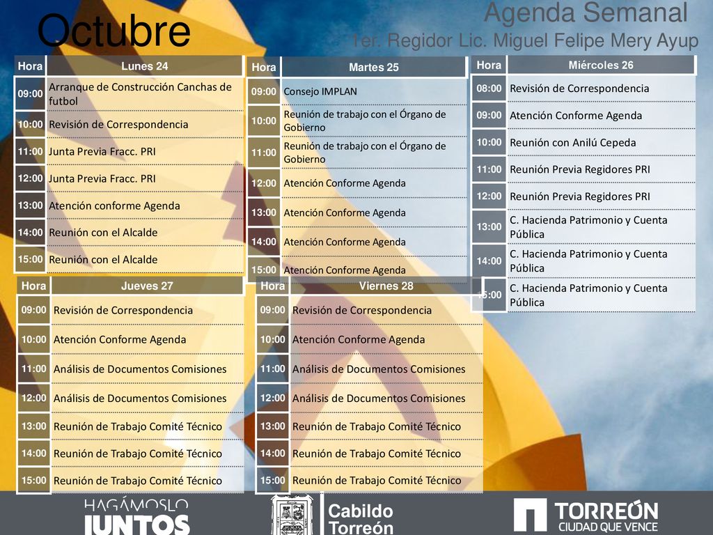 Octubre Agenda Semanal 1er. Regidor Lic. Miguel Felipe Mery Ayup
