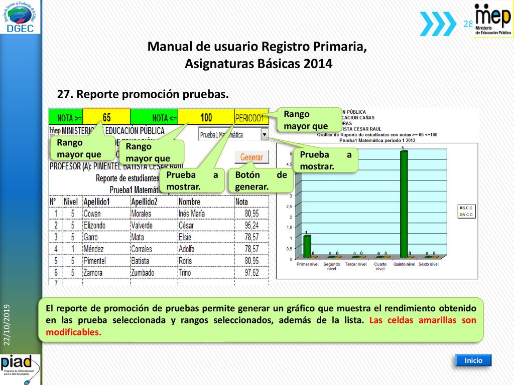 Manual de usuario Registro Primaria, 27. Reporte promoción pruebas.
