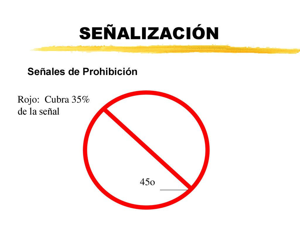 SEÑALIZACIÓN Señales de Prohibición Rojo: Cubra 35% de la señal 45o