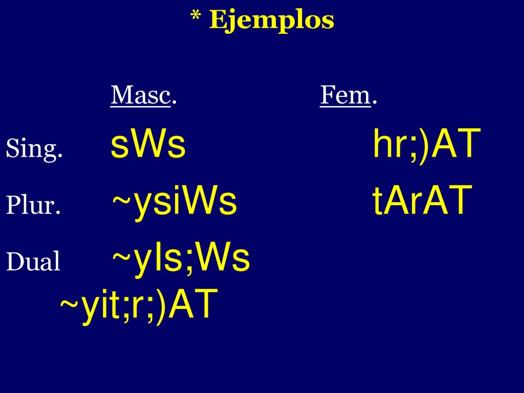 - * Ejemplos Masc. Fem. Sing. sWs hr;)AT Plur. ~ysiWs tArAT