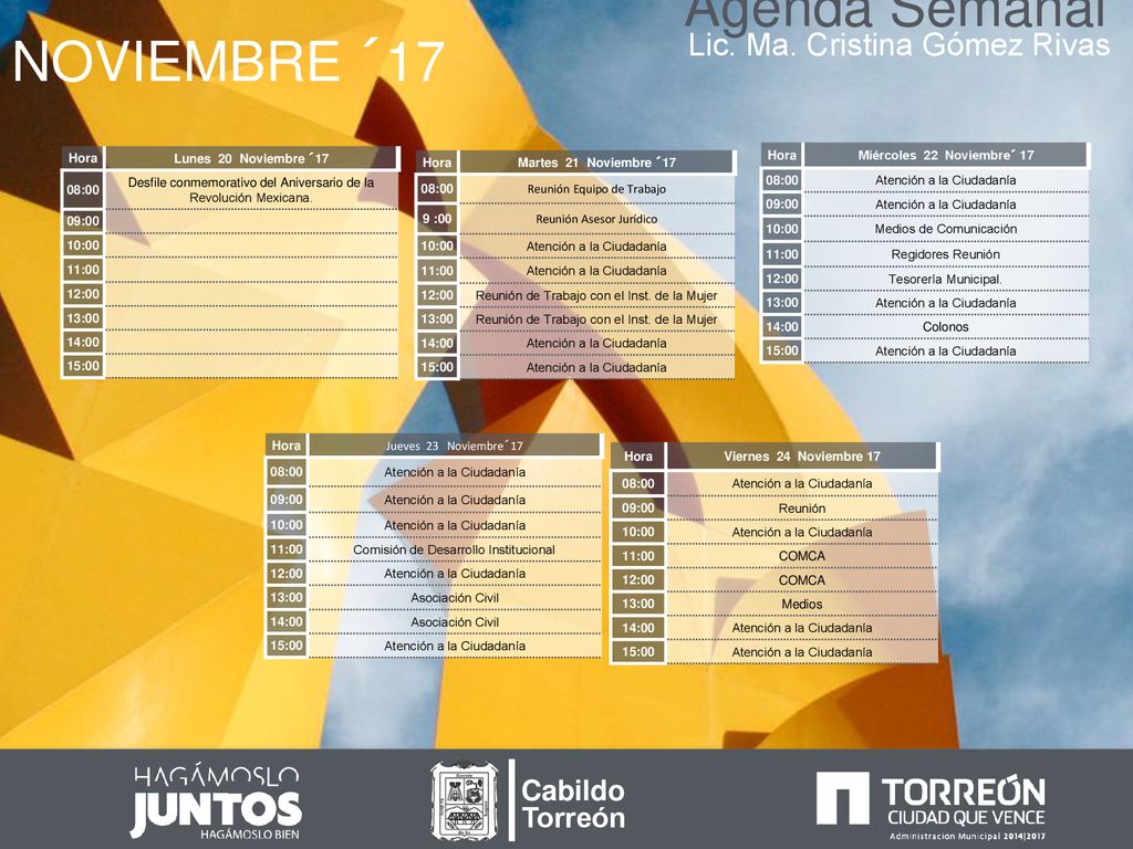 Agenda Semanal NOVIEMBRE ´17 Lic. Ma. Cristina Gómez Rivas Cabildo