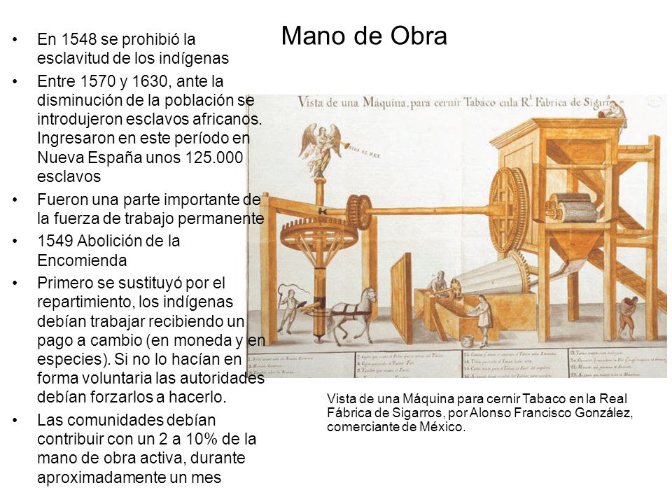Mano de Obra En 1548 se prohibió la esclavitud de los indígenas