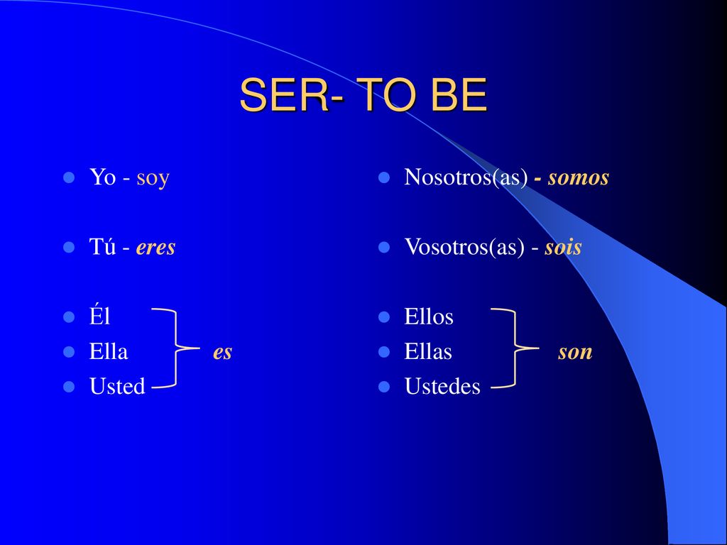 SER- TO BE Yo - soy Tú - eres Él Ella es Usted Nosotros(as) - somos