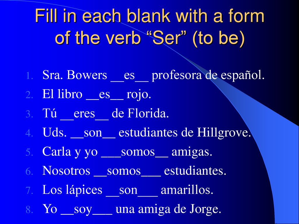 Fill in each blank with a form of the verb Ser (to be)