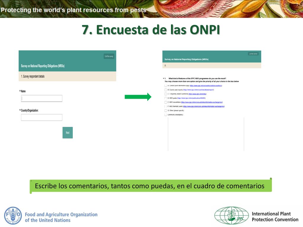7. Encuesta de las ONPI Escribe los comentarios, tantos como puedas, en el cuadro de comentarios
