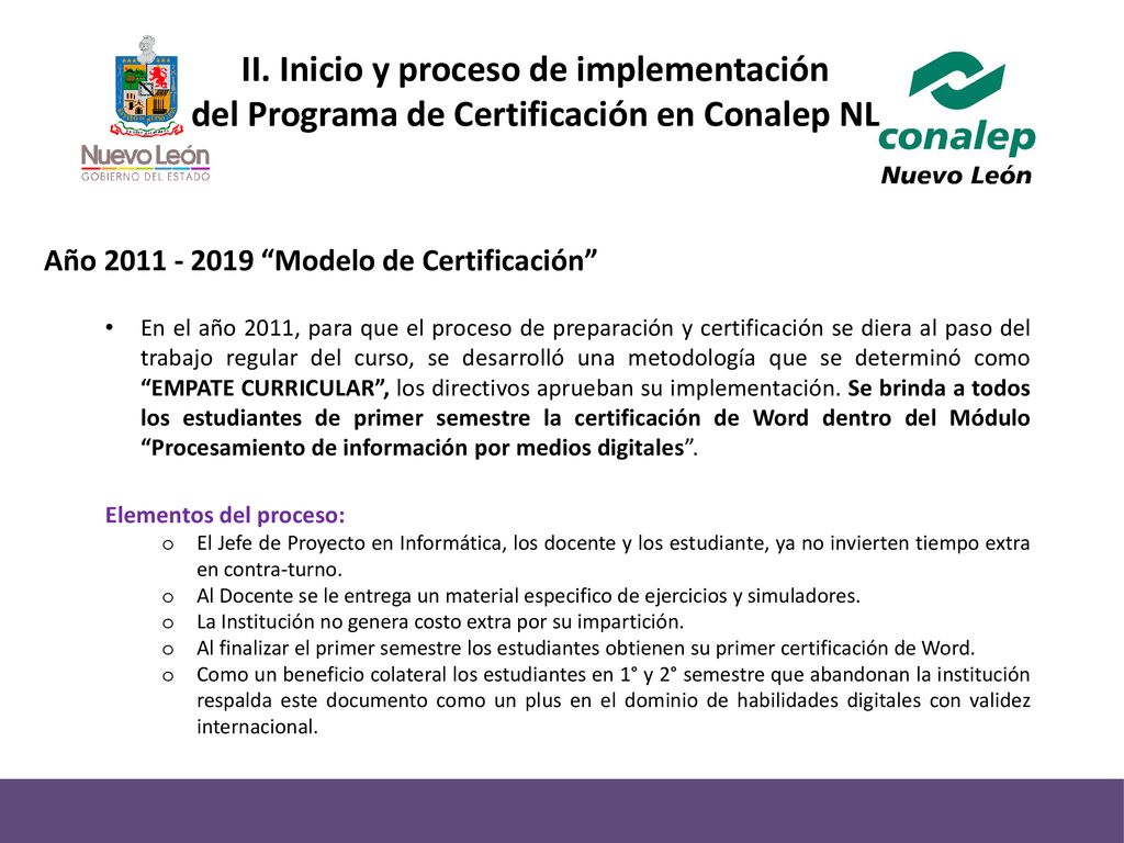 II. Inicio y proceso de implementación del Programa de Certificación en Conalep NL