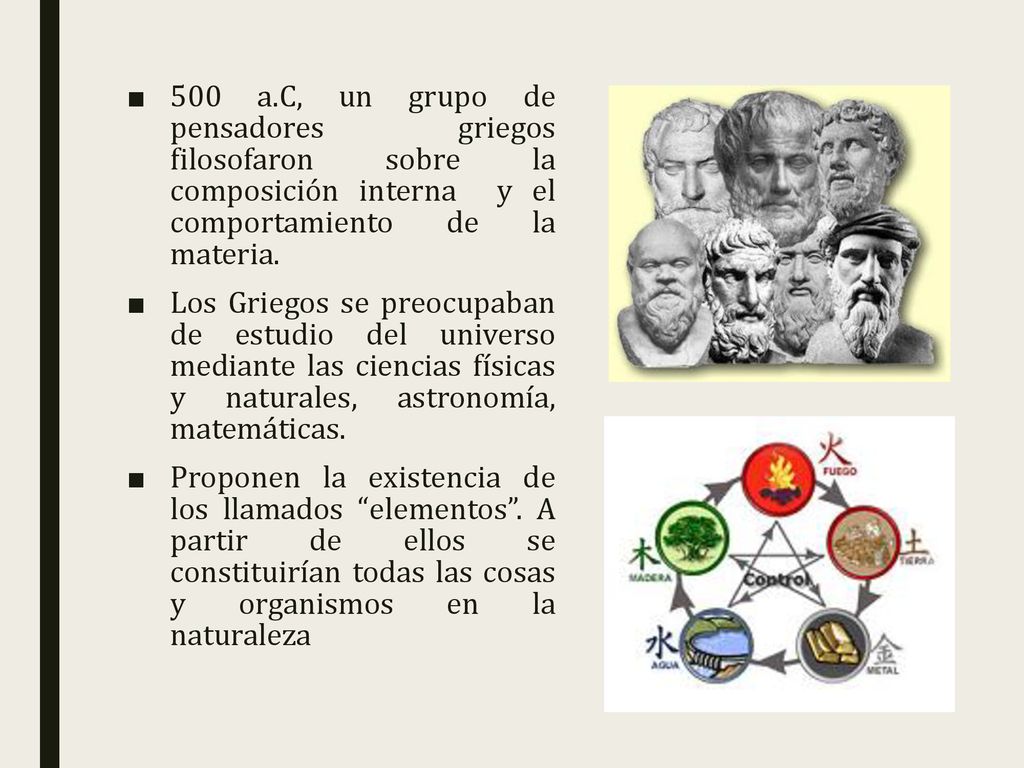 500 a.C, un grupo de pensadores griegos filosofaron sobre la composición interna y el comportamiento de la materia.