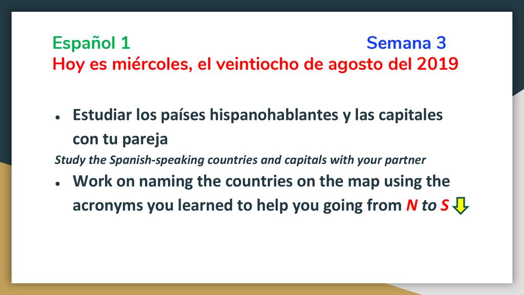 Español 1 Semana 3 Hoy es miércoles, el veintiocho de agosto del 2019