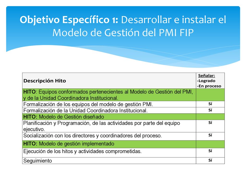 Objetivo Específico 1: Desarrollar e instalar el Modelo de Gestión del PMI FIP