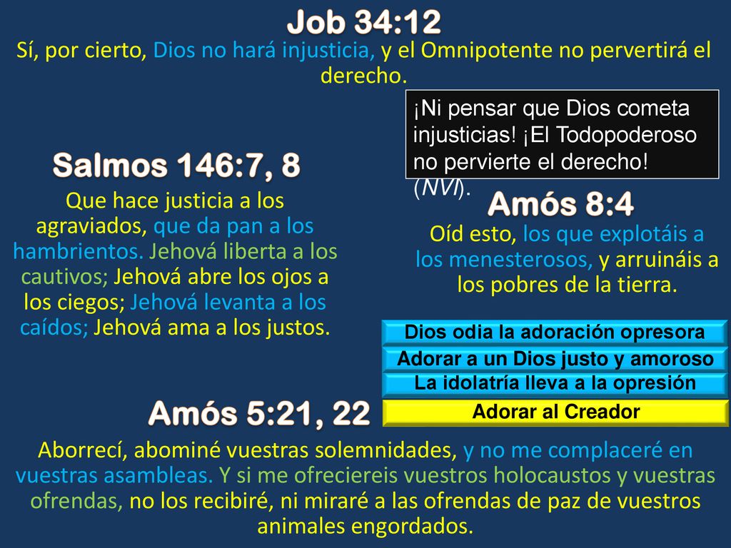 Job 34:12 Salmos 146:7, 8 Amós 8:4 Amós 5:21, 22