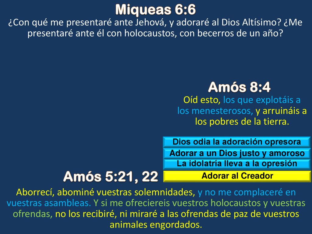 Miqueas 6:6 ¿Con qué me presentaré ante Jehová, y adoraré al Dios Altísimo ¿Me presentaré ante él con holocaustos, con becerros de un año