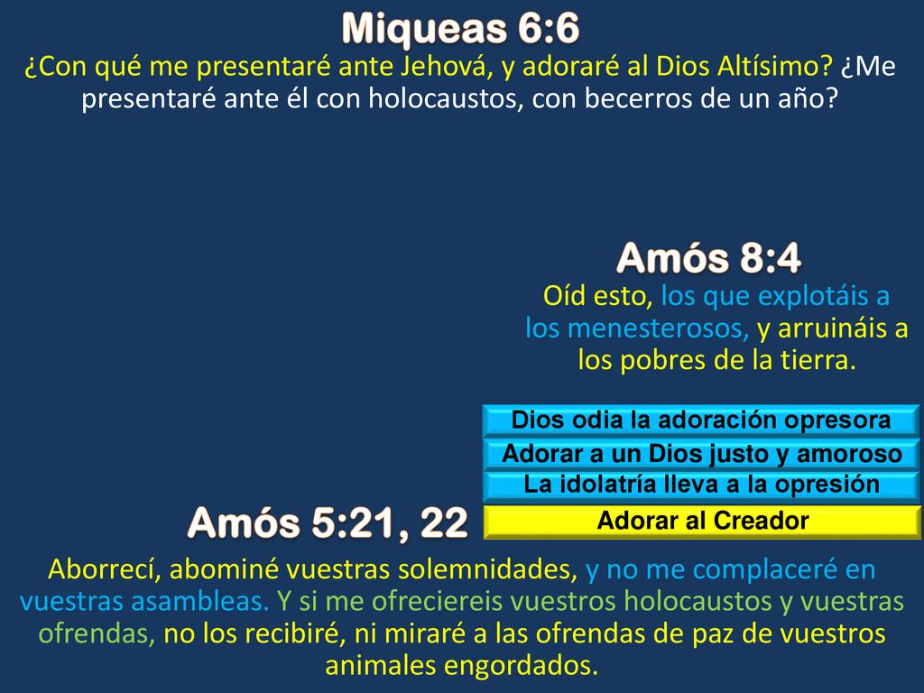 Miqueas 6:6 ¿Con qué me presentaré ante Jehová, y adoraré al Dios Altísimo ¿Me presentaré ante él con holocaustos, con becerros de un año