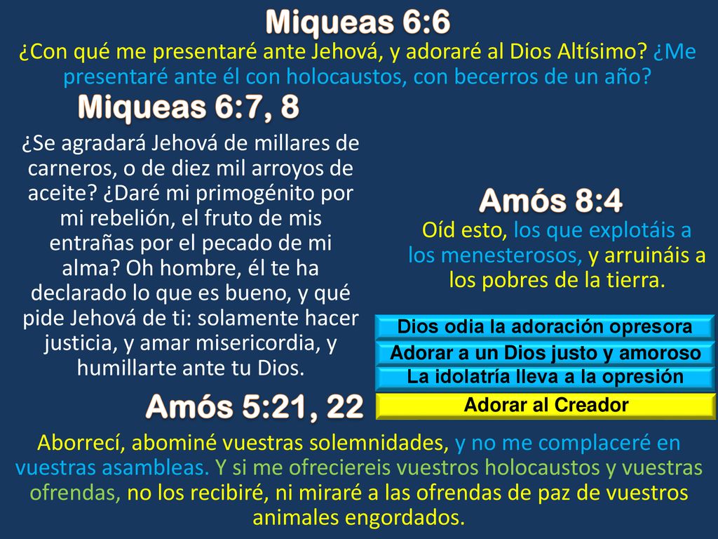 Miqueas 6:6 Miqueas 6:7, 8 Amós 8:4 Amós 5:21, 22