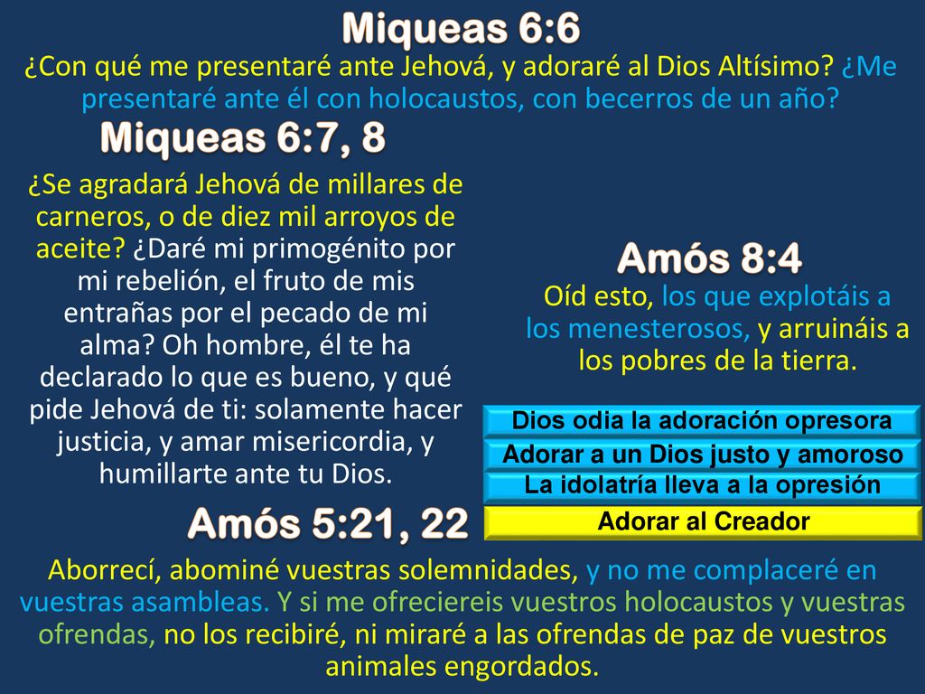 Miqueas 6:6 Miqueas 6:7, 8 Amós 8:4 Amós 5:21, 22