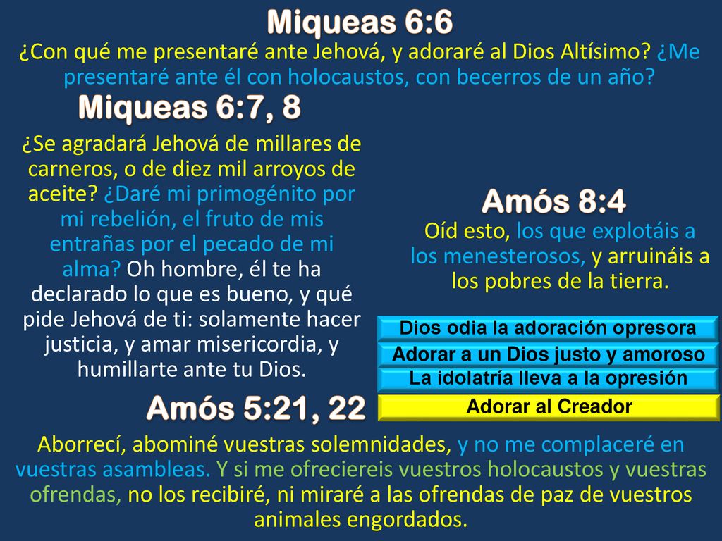 Miqueas 6:6 Miqueas 6:7, 8 Amós 8:4 Amós 5:21, 22