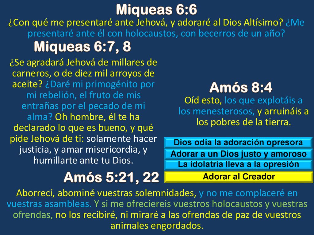 Miqueas 6:6 Miqueas 6:7, 8 Amós 8:4 Amós 5:21, 22