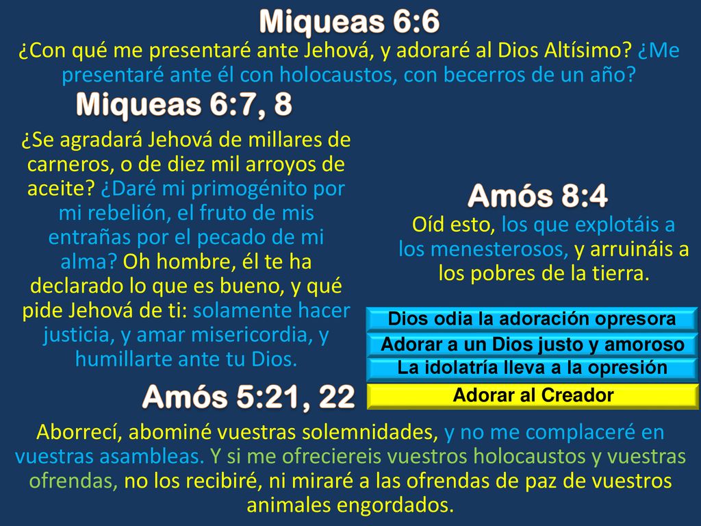 Miqueas 6:6 Miqueas 6:7, 8 Amós 8:4 Amós 5:21, 22
